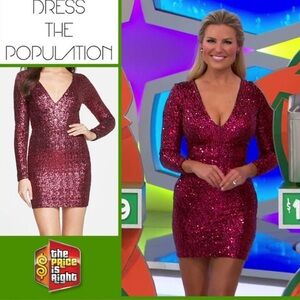 NWOT DRESS THE POPULATION Bridget Sequin V-Neck Body-Con Dress in Ruby size L